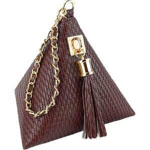 ⚡New Brown Leather Triangle Wristlet Clutch Handbag Pyramid Evening Cocktail